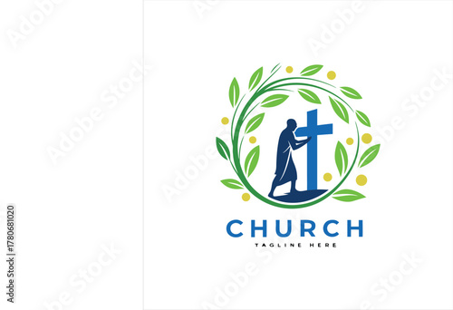 Christian Church Logo with Cross and Worshiper in Green Leaf Circle