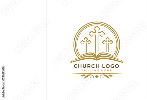 Foto Church Logo Design with Three Crosses and Open Bible Illustration