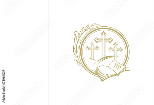 Christian Faith Symbol with Three Crosses and Open Bible Illustration