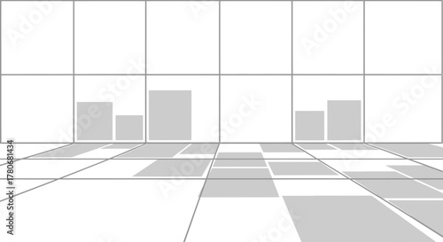 Abstract interior perspective with geometric floor and vertical cuboid structures