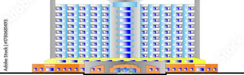 Vector illustration of a vintage high-rise building, possibly a hotel or apartment complex, featuring bright blue windows and a retro architectural facade