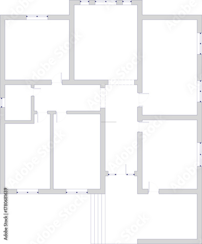 Simple vector architectural floor plan showing a basic multi-room layout with internal walls, doors, and windows, ready for customization.