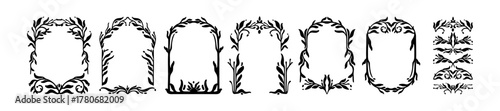 Floral frame set, hand drawn botanical border vintage ornamental wedding invitation organic decor. Classic swirl divider elegant branch silhouette decoration. Fantasy black floral frame design element