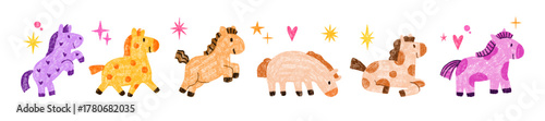 Cute horse kids 2026 New Year symbol print set, hand drawn childish cartoon naive pony illustration. Wax crayon scribble funny animal, kindergarten holiday playful decor. Cute colorful horse character