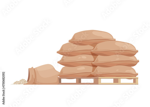 Pallet with pile of sacks and bags full of rice grains stock illustration