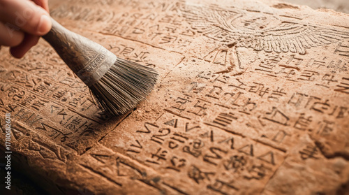 Archaeologist meticulously examines ancient hieroglyphs in a dimly lit tomb