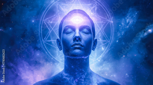 Meditative human face with glowing third eye, surreal cosmic style, galactic background, concept of spiritual awakening and higher consciousness