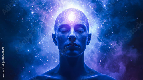 Meditative human face with glowing third eye, surreal cosmic style, galactic background, concept of spiritual awakening and higher consciousness