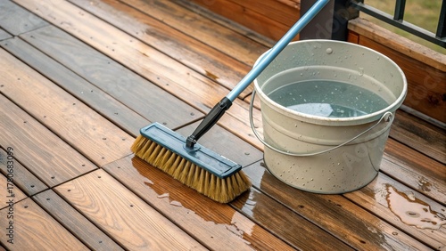 A deck brush cleaning wet wood planks beside a full water bucket