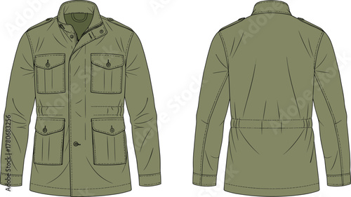 Field jacket, olive green, technical sketch, front and back view, military style, fashion template, outerwear design, garment illustration