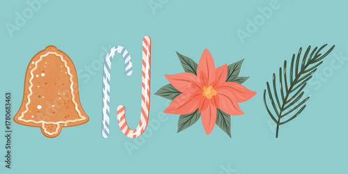 Candy cane and cookie clipart, Bell and poinsettia set, Cane and sprig collection