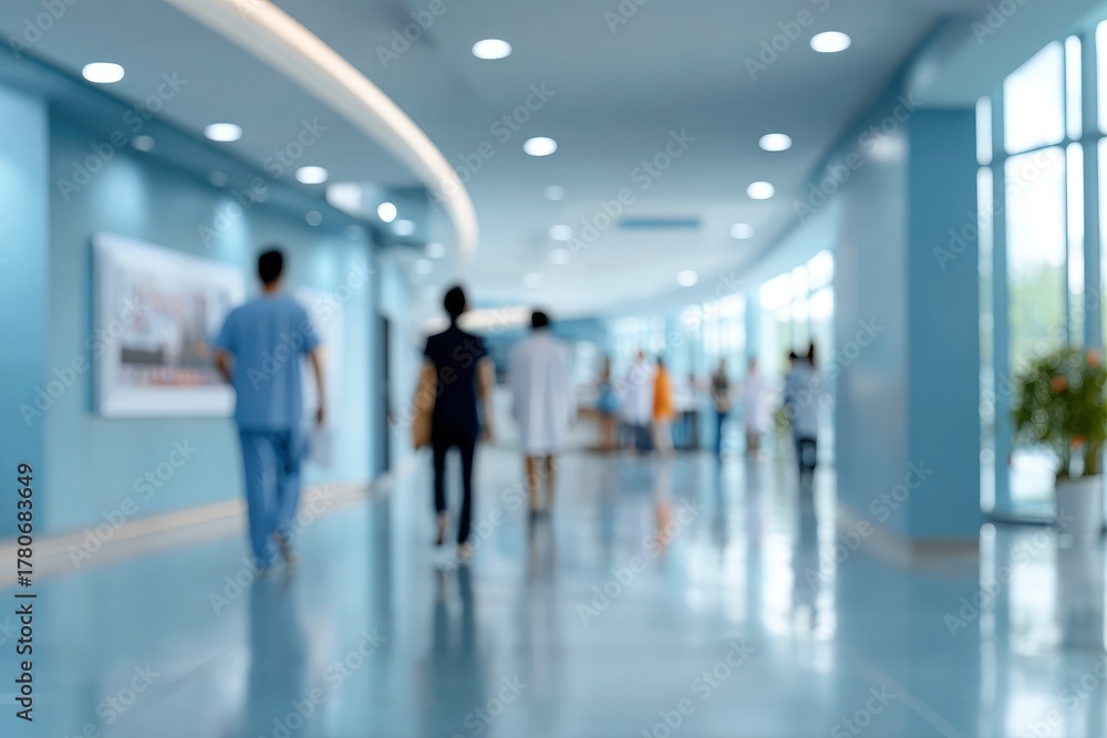 Fototapeta premium Blurred figures walk through a modern, bright hospital corridor with cool blue tones and smooth,