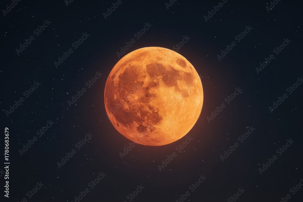 Obraz premium Majestic moon glowing in orange and gold hues against a dark starry sky, showcasing realistic textures and craters, evoking a serene and mysterious nocturnal ambiance