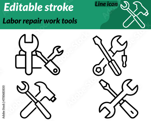 Labor repair work tools set icon. Ideal for repair services workshops engineering and industrial branding.This icon conveys reliability hard work and precision emphasizing teamwork. Mechanical repair.