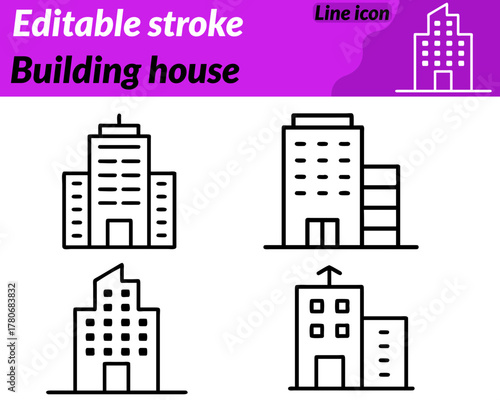 A clean and modern icon depicting a residential building or house.With a slanted roof windows and a front door symbolizing home architecture and real estate.The design represents construction housing.