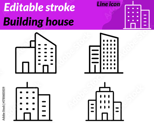 A clean and modern icon depicting a residential building or house.With a slanted roof windows and a front door symbolizing home architecture and real estate.The design represents construction housing.