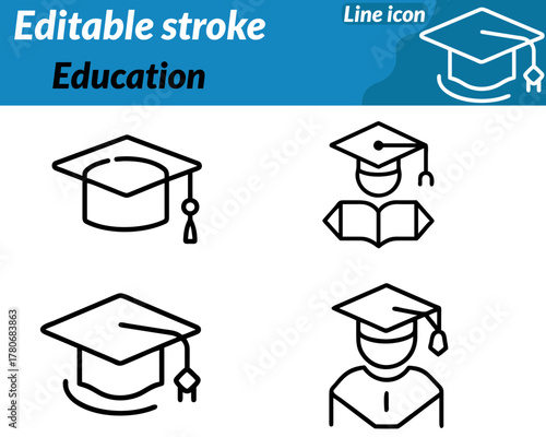 A symbolic icon representing education and learning. Featuring an open book graduation cap and pencil arranged together. The design conveys knowledge growth and academic achievement.