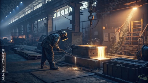 A worker casting molten metal in an industrial foundry