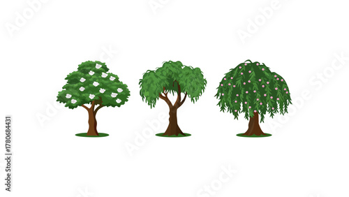 Variety of Trees: Explore the different shapes and textures of trees. Explore a trio of trees, each uniquely designed, offering a showcase of nature's diverse forms.