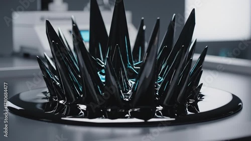 black artistic - A close-up of a dynamic black ferromagnetic fluid, forming sharp spikes atop a smooth surface, showcasing an intriguing interplay of liquid and solid states under controlled lighting