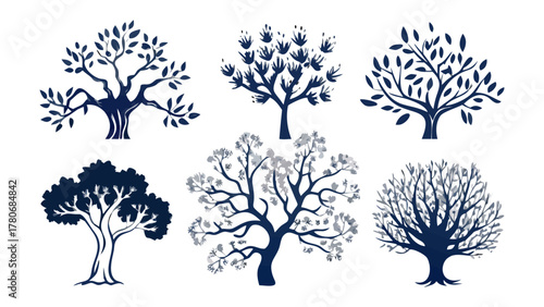 Artistic Tree Silhouettes: A collection of various stylized tree silhouettes showcases different tree forms, offering a glimpse into nature's diversity and aesthetic beauty.