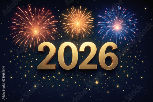 New Year 2026 with golden numbers on a festive background with colorful fireworks. Bright celebratory design perfect for holiday banners, greeting cards, and seasonal promotions.