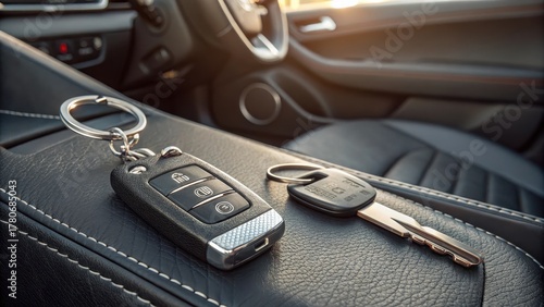Close up of car keys and remote control in a vehicle interior