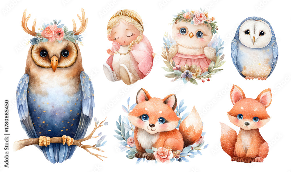 Obraz premium Cute Watercolor Animals with Floral Accents and Soft Colors on Transparent Background