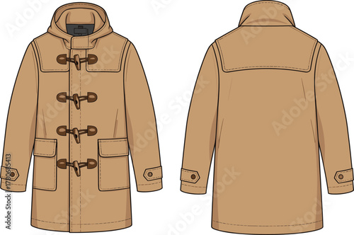 Tan duffle coat illustration, front and back view, hooded outerwear, toggle fastenings, patch pockets, fashion sketch, technical garment drawing
