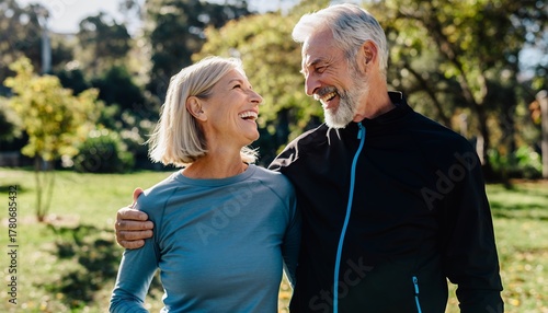 Elderly Couple Smiling Hugging Outdoors in Park on Sunny Day