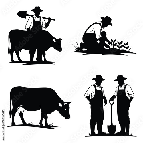Farmer and cow silhouette collection, agriculture and farming vector set