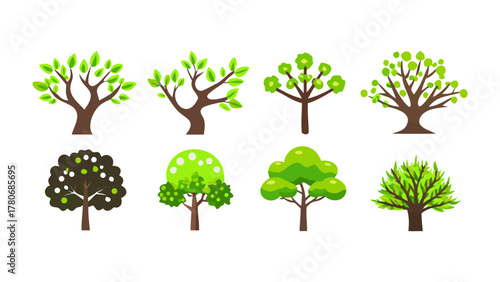 Diverse Trees for Any Need: A vibrant collection of stylized trees, ready to enhance any visual project, with their fresh green foliage and distinct shapes.