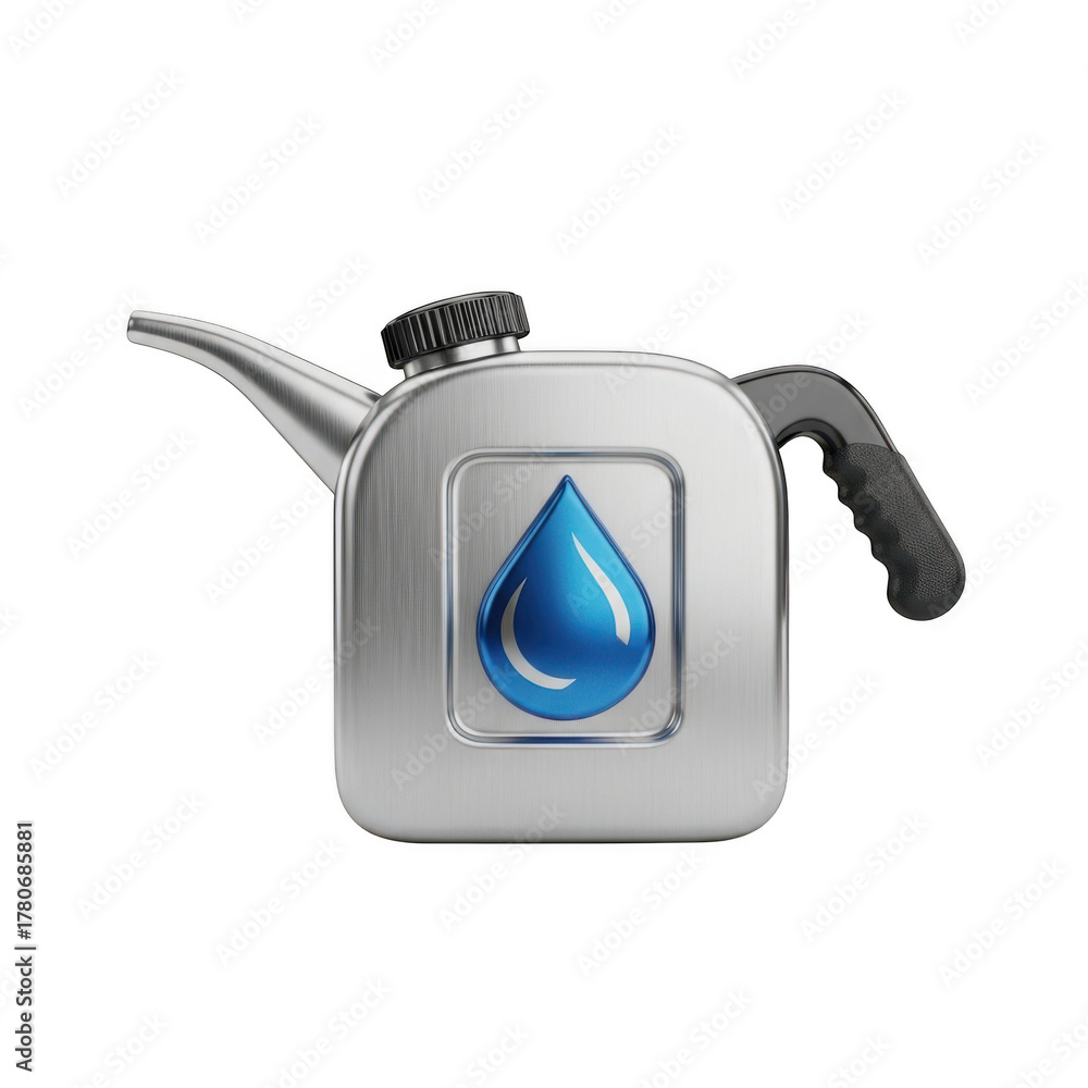 Obraz premium Metallic Oil Can with Blue Water Drop Symbol and Handle on Background Keywords: oil can, fuel, liquid, container, metal, metallic, silver, chrome isolated on a transparent background