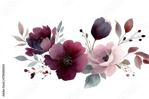 Watercolor floral arrangement with maroon pink and purple flowers green leaves isolated on white background