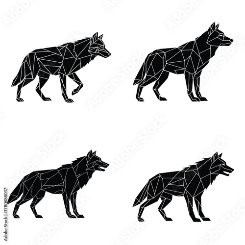 Four black geometric wolf illustrations