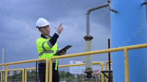 Engineer checking operation system and pressure tanks at wastewater treatment plant, focusing on clean water purification, recycling process, and sustainable water management for industry.