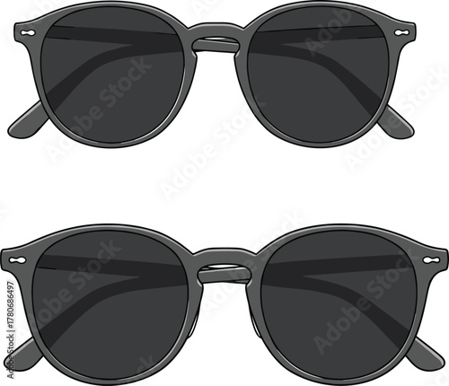 Round sunglasses, black frame, fashion accessory, stylish eyewear, vintage look, curved temples, product display, minimal background, commercial photo, retail style