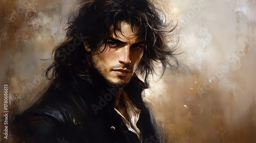 An attractive, dark, and towering guy. He wears an 1800s costume and exudes charm and mystique. The background is aged parchment paper with soft lighting , lending the image a nostalgic feel. 