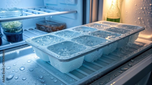 Ice cube tray with water droplets in a freezer