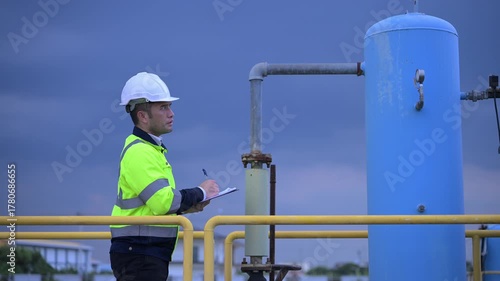 Engineer checking operation system and pressure tanks at wastewater treatment plant, focusing on clean water purification, recycling process, and sustainable water management for industry.