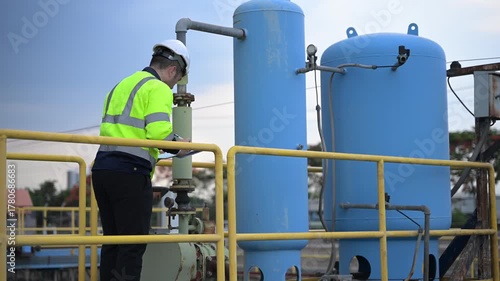 Engineer checking operation system and pressure tanks at wastewater treatment plant, focusing on clean water purification, recycling process, and sustainable water management for industry.