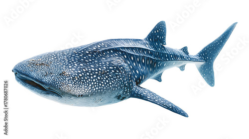 whale shark swimming forward, dotted blue-gray skin pattern, marine life realism, isolated on white background