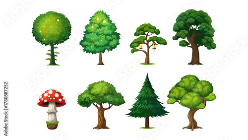 Array of Diverse Trees: An array of stylized trees, offering a collection of various species to use in design, showcasing the diversity of botanical life.