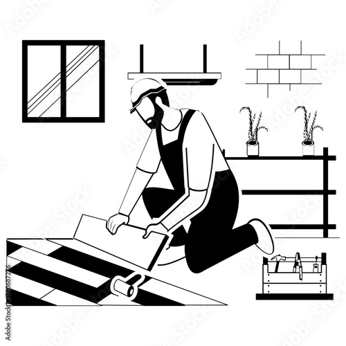 Joister installing base wood tiles vector design, carpenters banner, woodworker scene, tradesperson and craftsmen stock illustration, Flooring installer finishing wooden floor on top concept