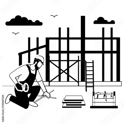 worker building wooden structure framework vector design, carpenter banner, woodworker scene tradesperson craftsmen illustration House frame construction with timber using post-and-beam method concept