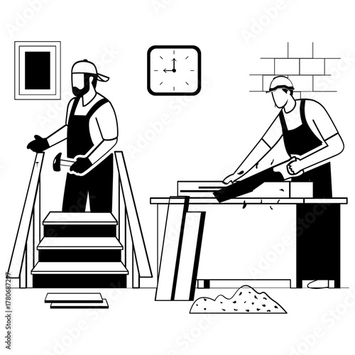 cutting wooden planks with hand saw on workbench vector design, carpenters banner, woodworker scene, tradesperson craftsmen illustration, worker using hammer to fix wooden parts onto staircase concept