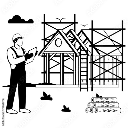 wooden framework and roof installation scene vector design, carpenters banner, woodworker scene, tradesperson and craftsmen illustration, Supervisor Checking timber house construction concept