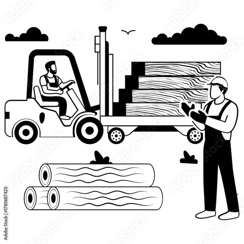 Two person working in lumber yard vector design, carpenters banner, woodworker scene, tradesperson and craftsmen stock illustration, Worker operating forklift and moving logs to sawmill concept