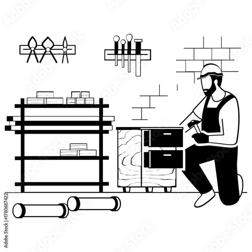 Woodworking or cabinetry Workshops scene vector design, carpenters banner, woodworker scene, tradesperson and craftsmen illustration, furniture maker building wooden cabinet with two drawers concept