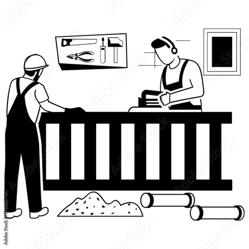 One worker using planer other assists holding structure steady vector design,  carpenters banner,  woodworker scene, tradesperson illustration, craftsmen working on wooden railings in workshop concept